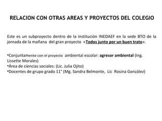 RELACION CON OTRAS AREAS Y PROYECTOS DEL COLEGIO
Este es un subproyecto dentro de la institución INEDAEF en la sede BTO de la
jornada de la mañana del gran proyecto «Todos junto por un buen trato».
•Conjuntamente con el proyecto ambiental escolar: agresor ambiental (Ing.
Lissette Morales)
•Área de ciencias sociales: (Lic. Julia Ojito)
•Docentes de grupo grado 11° (Mg. Sandra Belmonte, Lic Rosina González)
 