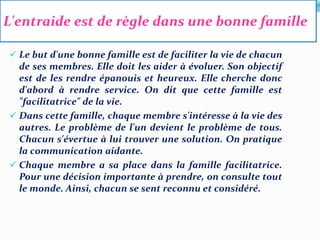 L'entraide est de règle dans une bonne famille
 Le but d'une bonne famille est de faciliter la vie de chacun
de ses membres. Elle doit les aider à évoluer. Son objectif
est de les rendre épanouis et heureux. Elle cherche donc
d'abord à rendre service. On dit que cette famille est
"facilitatrice" de la vie.
 Dans cette famille, chaque membre s'intéresse à la vie des
autres. Le problème de l'un devient le problème de tous.
Chacun s'évertue à lui trouver une solution. On pratique
la communication aidante.
 Chaque membre a sa place dans la famille facilitatrice.
Pour une décision importante à prendre, on consulte tout
le monde. Ainsi, chacun se sent reconnu et considéré.
 