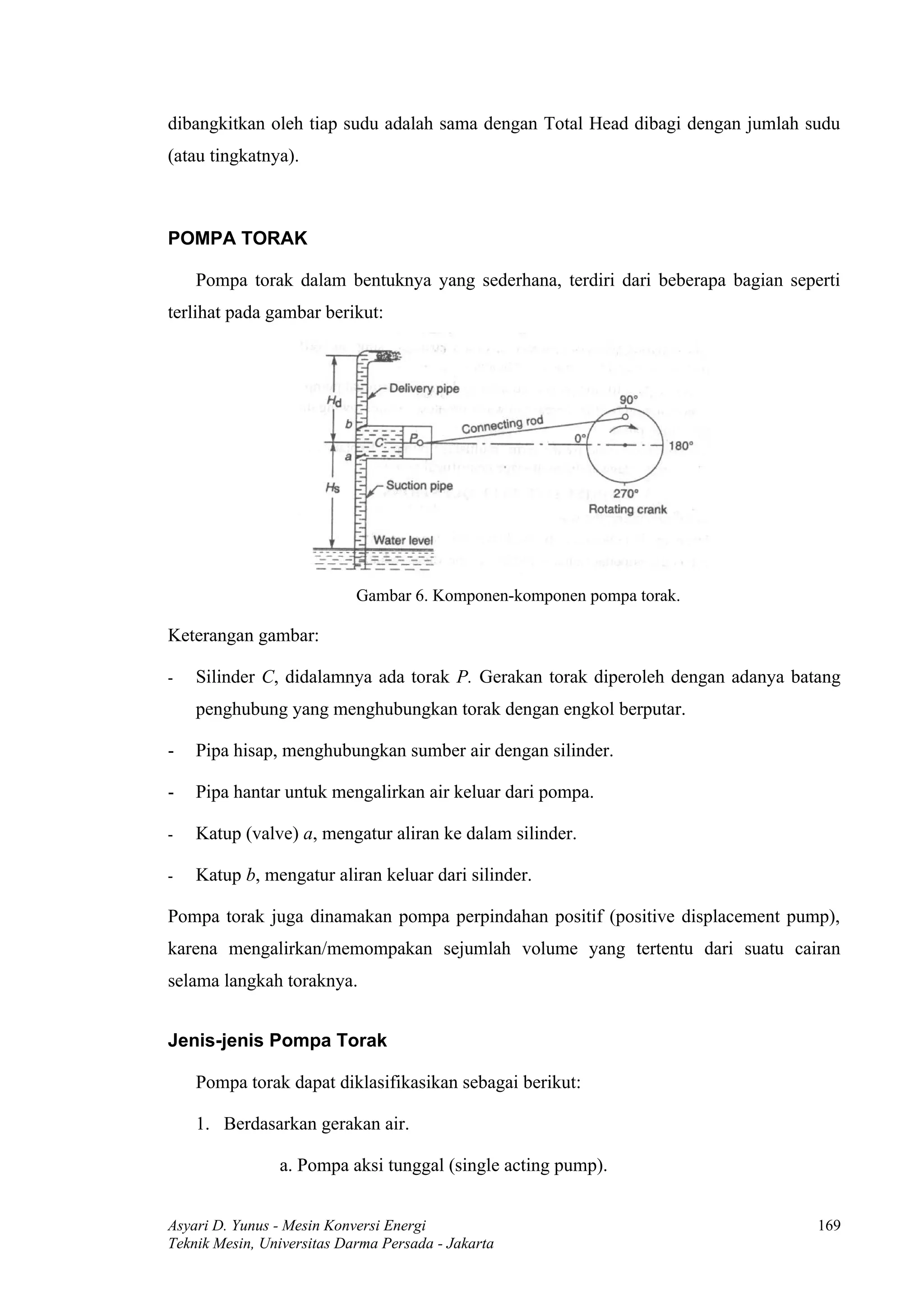 dibangkitkan oleh tiap sudu adalah sama dengan Total Head dibagi dengan jumlah sudu
(atau tingkatnya).



POMPA TORAK

    Pompa torak dalam bentuknya yang sederhana, terdiri dari beberapa bagian seperti
terlihat pada gambar berikut:




                            Gambar 6. Komponen-komponen pompa torak.

Keterangan gambar:

-   Silinder C, didalamnya ada torak P. Gerakan torak diperoleh dengan adanya batang
    penghubung yang menghubungkan torak dengan engkol berputar.

-   Pipa hisap, menghubungkan sumber air dengan silinder.

-   Pipa hantar untuk mengalirkan air keluar dari pompa.

-   Katup (valve) a, mengatur aliran ke dalam silinder.

-   Katup b, mengatur aliran keluar dari silinder.

Pompa torak juga dinamakan pompa perpindahan positif (positive displacement pump),
karena mengalirkan/memompakan sejumlah volume yang tertentu dari suatu cairan
selama langkah toraknya.


Jenis-jenis Pompa Torak

    Pompa torak dapat diklasifikasikan sebagai berikut:

    1. Berdasarkan gerakan air.

                a. Pompa aksi tunggal (single acting pump).


Asyari D. Yunus - Mesin Konversi Energi                                          169
Teknik Mesin, Universitas Darma Persada - Jakarta
 
