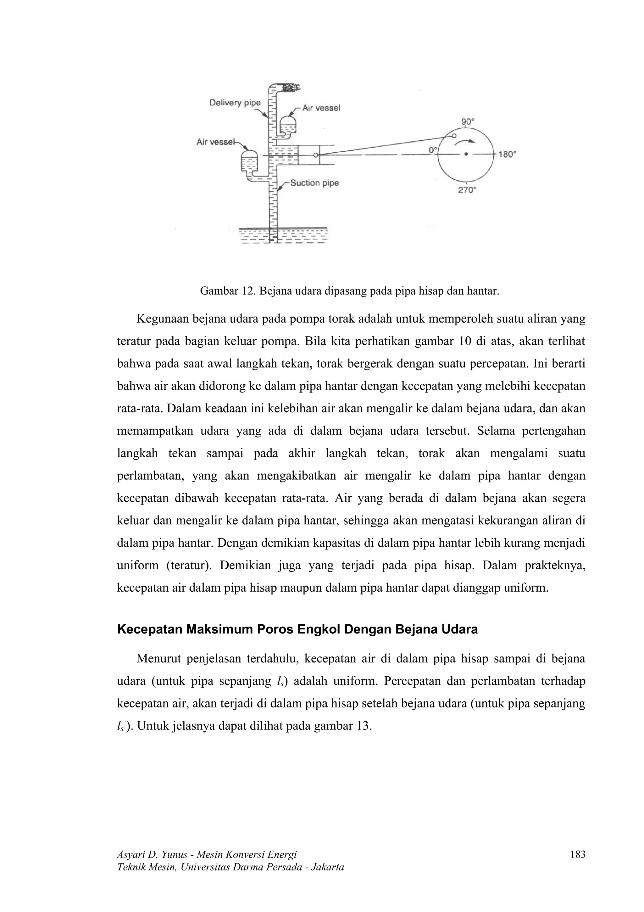 Gambar 12. Bejana udara dipasang pada pipa hisap dan hantar.

    Kegunaan bejana udara pada pompa torak adalah untuk memperoleh suatu aliran yang
teratur pada bagian keluar pompa. Bila kita perhatikan gambar 10 di atas, akan terlihat
bahwa pada saat awal langkah tekan, torak bergerak dengan suatu percepatan. Ini berarti
bahwa air akan didorong ke dalam pipa hantar dengan kecepatan yang melebihi kecepatan
rata-rata. Dalam keadaan ini kelebihan air akan mengalir ke dalam bejana udara, dan akan
memampatkan udara yang ada di dalam bejana udara tersebut. Selama pertengahan
langkah tekan sampai pada akhir langkah tekan, torak akan mengalami suatu
perlambatan, yang akan mengakibatkan air mengalir ke dalam pipa hantar dengan
kecepatan dibawah kecepatan rata-rata. Air yang berada di dalam bejana akan segera
keluar dan mengalir ke dalam pipa hantar, sehingga akan mengatasi kekurangan aliran di
dalam pipa hantar. Dengan demikian kapasitas di dalam pipa hantar lebih kurang menjadi
uniform (teratur). Demikian juga yang terjadi pada pipa hisap. Dalam prakteknya,
kecepatan air dalam pipa hisap maupun dalam pipa hantar dapat dianggap uniform.


Kecepatan Maksimum Poros Engkol Dengan Bejana Udara

    Menurut penjelasan terdahulu, kecepatan air di dalam pipa hisap sampai di bejana
udara (untuk pipa sepanjang ls) adalah uniform. Percepatan dan perlambatan terhadap
kecepatan air, akan terjadi di dalam pipa hisap setelah bejana udara (untuk pipa sepanjang
ls’). Untuk jelasnya dapat dilihat pada gambar 13.




Asyari D. Yunus - Mesin Konversi Energi                                                183
Teknik Mesin, Universitas Darma Persada - Jakarta
 