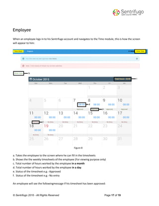 © Sentrifugo 2016 - All Rights Reserved Page 17 of 19
Employee
When an employee logs in to his Sentrifugo account and navigates to the Time module, this is how the screen
will appear to him:
Figure 8
a. Takes the employee to the screen where he can fill in the timesheets
b. Shows the the weekly timesheets of the employee (For viewing purpose only)
c. Total number of hours worked by the employee in a month
d. Total number of hours worked by the employee in a day
e. Status of the timesheet e.g.- Approved
f. Status of the timesheet e.g.- No entry
An employee will see the followingmessage if his timesheet has been approved:
 