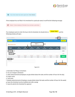 © Sentrifugo 2016 - All Rights Reserved Page 18 of 19
If the employee has not filled in his timesheet for a particular week, he will find the following message:
If an employee wants to enter the hours into his timesheet, he should click on and the
following window will open:
Figure 8.1
a. Reminders for filling in timesheets
b. You can change to whichever
c. Daily notes/comments (Employee can give details about the tasks and the number of hours for the day)
d. Project name
e. Task name
f. Weekly notes/comments (Employee can give details about the tasks and the number of hours for the week)
g. Saves the timesheet (can be modified even after saving)
h. Saves & submits the timesheet for approval
 