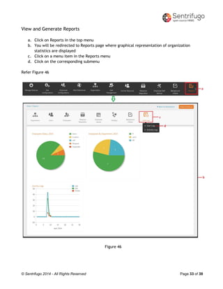© Sentrifugo 2014 - All Rights Reserved Page 33 of 39
View and Generate Reports
a. Click on Reports in the top menu
b. You will be redirected to Reports page where graphical representation of organization
statistics are displayed
c. Click on a menu item in the Reports menu
d. Click on the corresponding submenu
Refer Figure 46
Figure 46
 