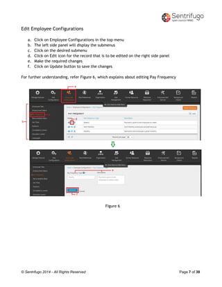 © Sentrifugo 2014 - All Rights Reserved Page 7 of 39
Edit Employee Configurations
a. Click on Employee Configurations in the top menu
b. The left side panel will display the submenus
c. Click on the desired submenu
d. Click on Edit icon for the record that is to be edited on the right side panel
e. Make the required changes
f. Click on Update button to save the changes
For further understanding, refer Figure 6, which explains about editing Pay Frequency
Figure 6
 