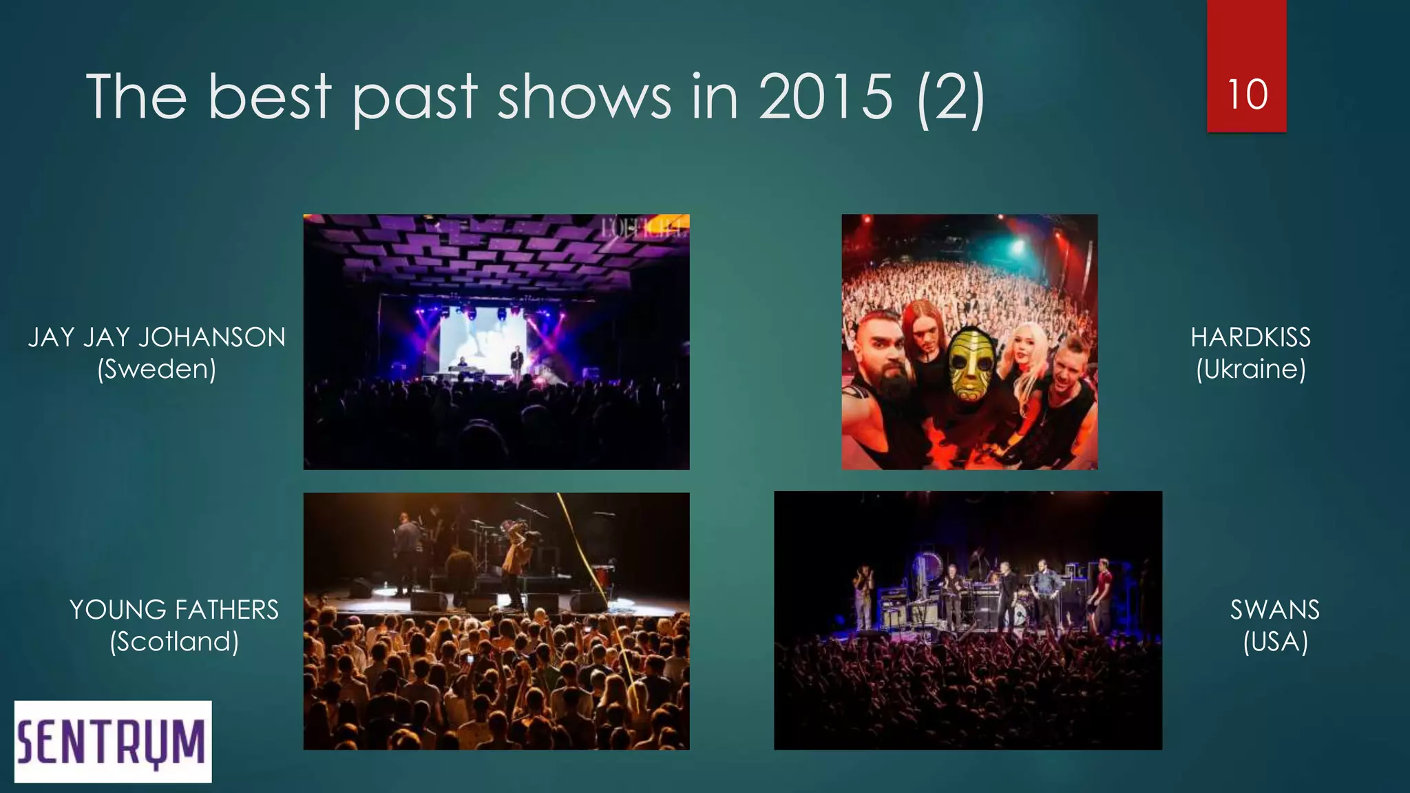 The best past shows in 2015 (2) 10
JAY JAY JOHANSON
(Sweden)
YOUNG FATHERS
(Scotland)
SWANS
(USA)
HARDKISS
(Ukraine)
 
