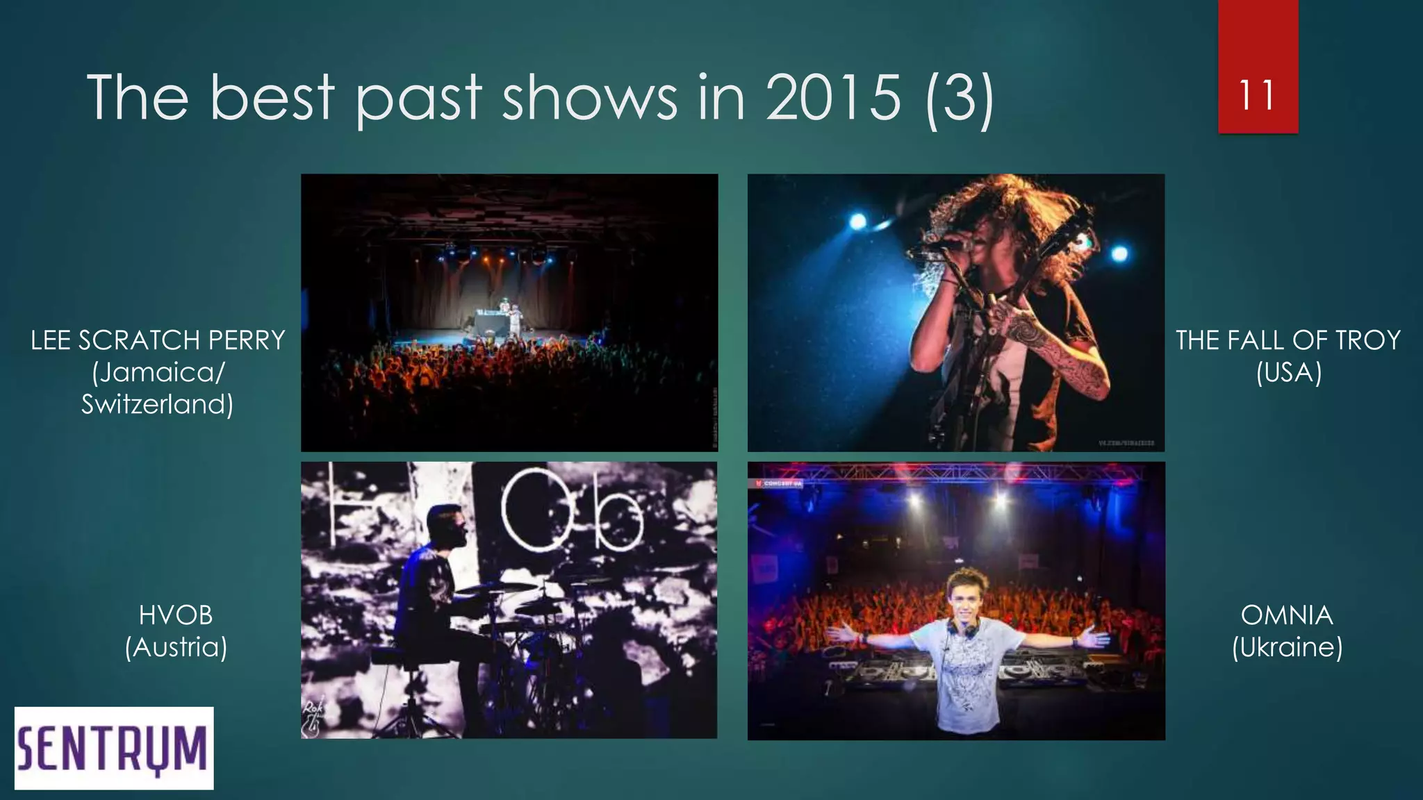 The best past shows in 2015 (3) 11
LEE SCRATCH PERRY
(Jamaica/
Switzerland)
HVOB
(Austria)
OMNIA
(Ukraine)
THE FALL OF TROY
(USA)
 