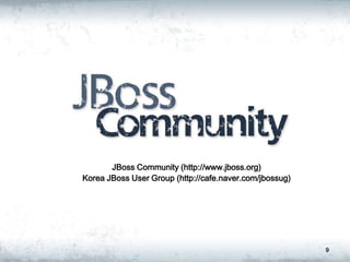 JBoss Community (http://www.jboss.org)
Korea JBoss User Group (http://cafe.naver.com/jbossug)
9
 