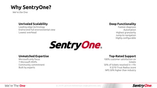 © 2019 Cathrine Wilhelmsen (hi@cathrinew.net)
Why SentryOne?
Unmatched Expertise
Microsoft-only focus
7 Microsoft MVPs
Community commitment
Built by experts
Top-Rated Support
100% customer satisfaction on
tickets
50% of tickets resolved in <1hr
9.5/10 Trust Radius score
NPS 50% higher than industry
Unrivaled Scalability
Leading edge technology
End-to-end full environmental view
Lowest overhead
Deep Functionality
Fastest diagnosis
Automation
Highest granularity
Jump-to navigation
Highly configurable
We’re the One
 