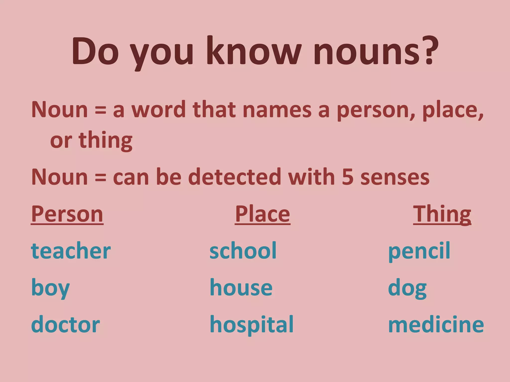 Do you know nouns? Noun = a word that names a person, place, or thing Noun = can be detected with 5 senses Person Place Thing teacher school pencil boy house dog doctor hospital medicine 