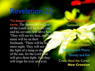 Revelation 22 3 No longer will there be any curse.   The throne of God and of the Lamb will be in the city, and his servants will serve him.  4 They will see his face, and his name will be on their foreheads.  5 There will be no more night. They will not need the light of a lamp or the light of the sun, for the Lord God will give them light. And they will reign for ever and ever.  The Curse  Genesis 3:14-19 Shalom was shattered Wrong Views of God Wrong Views of People Wrong Views of Creation Suffering and Misery Enmity and Evil Cross lifted the Curse! New Creation 