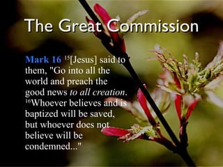 The Great Commission Mark 16   15 [Jesus] said to them, "Go into all the world and preach the good news  to all creation .  16 Whoever believes and is baptized will be saved, but whoever does not believe will be condemned..." 