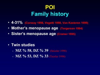 POI
Family history
• 4-31% (Conway 1996, Vegetti 1998, Van Kasteren 1999)
• Mother’s menopause age (Torgerson 1994)
• Sister’s menopause age (Cramer 1995)
• Twin studies
• MZ % 58, DZ % 39 (Snieder 1998)
• MZ % 53, DZ % 33 (Treolar 1998)
 