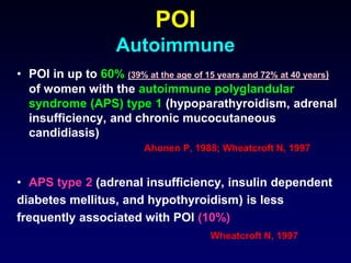 • POI in up to 60% (39% at the age of 15 years and 72% at 40 years)
of women with the autoimmune polyglandular
syndrome (APS) type 1 (hypoparathyroidism, adrenal
insufficiency, and chronic mucocutaneous
candidiasis)
Ahonen P, 1988; Wheatcroft N, 1997
• APS type 2 (adrenal insufficiency, insulin dependent
diabetes mellitus, and hypothyroidism) is less
frequently associated with POI (10%)
Wheatcroft N, 1997
POI
Autoimmune
 