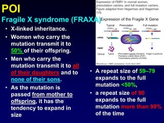 POI
Fragile X syndrome (FRAXA)
• X-linked inheritance.
• Women who carry the
mutation transmit it to
50% of their offspring.
• Men who carry the
mutation transmit it to all
of their daughters and to
none of their sons.
• As the mutation is
passed from mother to
offspring, it has the
tendency to expand in
size
• A repeat size of 59–79
expands to the full
mutation <50%,
• a repeat size of 90
expands to the full
mutation more than 90%
of the time
 