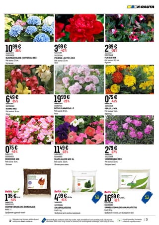 | 3
Ainult Lemmiku liikmetele
mõeldud eripakkumised.
Hinnavõrdluses osalevad 1000 Top toodet, mida võrreldakse konkurentide poolt pakutavate
identsete (EAN kood ning mudel on samad) või analoogsete toodetega, valib välja K-rauta.
Sõprade ringi liikmete allahindlused
veebipoes www.k-rauta.ee.
502286684
OKASPUUVÄETIS
Kaal: 4 kg.
Удобрение для хвойных деревьев
500602626
VÄETIS KANAKAKA GRAANULID
Maht: 1 l.
Удобрение куриный помёт
135€
Tavahind2,29 €
-41%
1,35€/l
499€
Tavahind8,49 €
-41%
1,25€/kg
1699€
Tavahind34,99 €
-51%
502286682
SAMBLAEEMALDIGA MURUVÄETIS
Kaal: 15 kg.
Удобрение газона для выведения мха
1,13€/kg
399€
Tavahind6,99 €
-42% 239€
Tavahind3,49 €
-31%
1099€
Tavahind17,99 €
-38%
1999€
Tavahind27,90 €
-28%
1149€
Tavahind16,99 €
-32%
500830659
SUURELEHELINE HORTENSIA MIX
Poti suurus 23 cm.
Гортензия
501987555
ROOS SUMMERVILLE
Poti suurus: 19 cm.
Роза
501448085
SUVELILLEDE MIX XL
Poti suurus: 23 cm.
Летние цветы микс
502307144
POJENG LACTIFLORA
Poti suurus: 12 cm.
Пион
500226448
FUKSIA MIX
Poti suurus: 10,5 cm.
Фуксия
502206953
KANNA MIX
Poti suurus: 14 cm.
Канна
500934638
PEIULILL MIX
Poti suurus: 9 cm.
Бархатцы
500934609
BEGOONIA MIX
Poti suurus: 9 cm.
Бегония
501223938
HÜBRIIDNELK MIX
Poti suurus: 12 cm.
Гвоздика микс
649€
Tavahind9,99 €
-35% 075€
Tavahind1,29 €
-41%
075€
Tavahind1,49 €
-49% 279€
Tavahind4,49 €
-37%
 