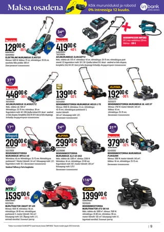 13900€
Tavahind205,00 €
-32%
502145858
BENSIINIMOOTORIGA MURUNIIDUK M510I-1-T6
Võimsus: 2600 W, niitmislaius: 51 cm, niitmiskõrgus:
40-70 mm, niitmiskõrguse positsioonid: 5,
mootori töömaht:
146 cm³, kütusepaagi maht: 1,0 l.
Бензиновая газонокосилка
502173020
BENSIINIMOOTORIGA
MURUNIIDUK MP141-46
Niitmislaius: 46 cm. Niitmiskõrgus: 25-75 mm. Niitmiskõrguse
positsioonid: 7. Mootori töömaht: 141 cm³. Kütusepaagi maht: 1,3 l.
Kogumiskorvi maht: 55 l. Бензиновая газонокосилка
Saadaval Tallinna ja Tartu kauplustes
20900€
-33%
Tavahind 315,00 €
502296980
BENSIINIMOOTORIGA
MURUNIIDUK AL5 46 SAQ
Maks. niidetav ala: 1200 m², võimsus: 2200 W
Niitmislaius: 46 cm, niitmiskõrgus: 22-80 mm
Kogumiskasti maht: 60 l, mootori töömaht: 139 cm³
Kütusepaagi maht: 0,75 l
Бензиновая газонокосилка
29900€
-37%
Tavahind 475,00 €
502039953
ELEKTRILINE MURUNIIDUK ELM3720
Võimsus: 1400 W, töölaius: 37 cm, niitmiskõrgus: 20-55 cm,
soovitatav lõike pindala: 500 m².
Электрическая газонокосилка
kuus
12 kuud*
1741
kuus
12 kuud*
3733
kuus
12 kuud*
2491
kuus
12 kuud*
3158
| 9
Ainult Lemmiku liikmetele
mõeldud eripakkumised.
Hinnavõrdluses osalevad 1000 Top toodet, mida võrreldakse konkurentide poolt pakutavate
identsete (EAN kood ning mudel on samad) või analoogsete toodetega, valib välja K-rauta.
Sõprade ringi liikmete allahindlused
veebipoes www.k-rauta.ee.
502135833
AKUMURUNIIDUK DLM382CT2
Maks. niidetav ala: 560 m²
Niitmiskõrgus: 25-70 mm, niitmislaius: 38 cm
Kogumiskorvi maht: 40 l. 36V jõudlus kahest 18 V akust - seadmel
onkaksakupesa.Komplektis2x5,0Ah18Vakutjakaheakupesaga
kiirlaadija.Аккумуляторная газонокосилка
44800€
Tavahind641,00 €
-30%
37900€
Tavahind563,00 €
-32%
12800€
Tavahind183,00 €
-30%
501405002
BENSIINIMOOTORIGA MURUNIIDUK
PLM4628N
Võimsus: 1900 W, mootori töömaht: 140 cm³,
töölaius: 46 cm, niitmiskõrgus: 25-75 cm.
Бензиновая газонокосилка
139900€
Tavahind2345,00 €
-40%
502155155
BENSIINIMOOTORIGA
MURUTRAKTOR AT3 98 HA
Maks. niidetav ala: 5000 m², võimsus: 7500 W,
niitmiskõrgus: 25-80 mm, niitmislaius: 98 cm,
mootori töömaht: 432 cm³, kütusepaagi maht: 6 l,
tagumised veorattad. Газонный трактор
153500€
Tavahind2250,00 €
-31%
502174626
MURUTRAKTOR SMART RF 125
Võimsus: 9325 W, niitmislaius: 96 cm,
niitmiskõrgus: 30-95 mm, niitmiskõrguse
positsioonid: 5, mootori töömaht: 344 cm³,
kütusepaagi maht: 3,8 l, Õlipaagi maht: 1,4 l,
esimised veorattad. Газонный трактор
502155172
BENSIINIMOOTORIGA MURUNIIDUK BL 450 ST
Võimsus: 1750 W, mootori töömaht: 140 cm³,
töölaius: 45 cm,
niitmiskõrgus: 25-70 mm.
Бензиновая газонокосилка
19200€
Tavahind275,00 €
-30%
41900€
Tavahind699,00 €
-40%
*502135834
AKUMURUNIIDUK DLM432PT2
Maks. niidetav ala: 575 m², niitmislaius: 43 cm, niitmiskõrgus: 20-75 mm, niitmiskõrguse posit-
sioonid: 13, kogumiskorvi maht: 50 l, 36 V jõudlus kahest 18 V akust - seadmel on kaks akupesa,
komplektis 2x5,0 Ah 18 V akut ja kahe akupesaga kiirlaadija.Аккумуляторная газонокосилка
*Ostes muruniiduki DLM432PT2 saad tasuta kaasa DMP180Z. Tasuta toodet jagub 200 kiireimale.
kuus
12 kuud*
3491
kuus
12 kuud*
11658
kuus
12 kuud*
12791
AKUKOMPRESSOR DMP180Z
18 V, max voolukiirus 12l/min.
Väärtus – 139 €
Maksa osadena Kõik muruniidukid ja robotid
0% intressiga 12 kuuks.
 