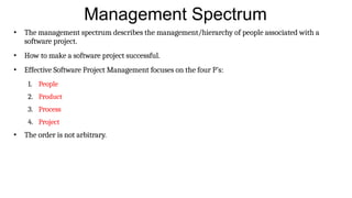 Management Spectrum
• The management spectrum describes the management/hierarchy of people associated with a
software project.
• How to make a software project successful.
• Effective Software Project Management focuses on the four P’s:
1. People
2. Product
3. Process
4. Project
• The order is not arbitrary.
 
