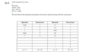 Ex-2
Void swap (int a[ ], int i)
{
int temp;
Temp = a[i];
a[i] = a[i+1];
a[i+1] = temp;
}
We first find out the operands and operators from above function along with their occurrences.
 