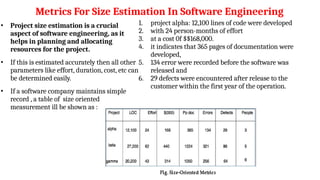 Metrics For Size Estimation In Software Engineering
• Project size estimation is a crucial
aspect of software engineering, as it
helps in planning and allocating
resources for the project.
• If this is estimated accurately then all other
parameters like effort, duration, cost, etc can
be determined easily.
• If a software company maintains simple
record , a table of size oriented
measurement ill be shown as :
1. project alpha: 12,100 lines of code were developed
2. with 24 person-months of effort
3. at a cost 0f $$168,000.
4. it indicates that 365 pages of documentation were
developed,
5. 134 error were recorded before the software was
released and
6. 29 defects were encountered after release to the
customer within the first year of the operation.
 