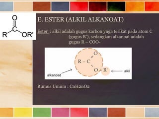 E. ESTER (ALKIL ALKANOAT)
Ester : alkil adalah gugus karbon ynga terikat pada atom C
(gugus R’), sedangkan alkanoat adalah
gugus R – COO-
Rumus Umum : CnH2nO2
 