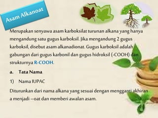 Merupakansenyawa asamkarboksilatturunan alkanayang hanya
mengandungsatu gugus karboksil.Jikamengandung2gugus
karboksil,disebutasamalkanadionat.Guguskarboksiladalah
gabungandari gugus karbonildan gugus hidroksil(-COOH) dan
strukturnya R-COOH.
a. TataNama
1) NamaIUPAC
Diturunkandari namaalkanayang sesuaidengan menggantiakhiran
a menjadi–oatdan memberiawalanasam.
 