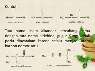 Contoh:
Tata nama asam alkanoat bercabang sama
dengan tata nama aldehida, gugus fungsi tidak
perlu dinyatakan karena selalu menjadi atom
karbon nomor satu.
 