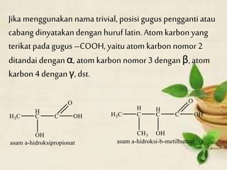 Jika menggunakan nama trivial,posisigugus pengganti atau
cabangdinyatakandengan huruf latin.Atom karbonyang
terikatpada gugus –COOH, yaitu atom karbonnomor 2
ditandai denganα, atom karbon nomor 3 dengan β, atom
karbon 4 dengan γ, dst.
 