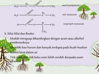 b.Sifat-Sifatdan Reaksi
1. Mudah menguapdibandingkandengan asamataualkohol
pembentuknya
2. Memilikibau harum dan banyakterdapatpada buah-buahan
3. Sedikitlarut dalamair
4. Titikdidihdan titikbekuesterlebih rendah daripada asam
alkanoat
 