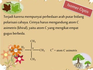 Terjadikarena mempunyai perbedaanarahputar bidang
polarisasi cahaya.Cirinya harusmengandung atom C
asimetris(khiral),yaitu atom Cyang mengikat empat
gugus berbeda.
 