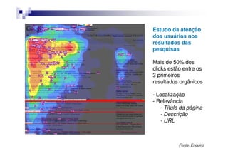 Estudo da atenção
dos usuários nos
resultados das
pesquisas

Mais de 50% dos
clicks estão entre os
3 primeiros
resultados orgânicos

- Localização
- Relevância
   - Título da página
   - Descrição
   - URL



           Fonte: Enquiro
 