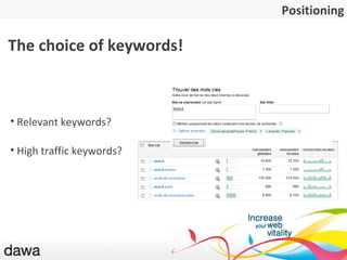 Positionnement Positioning Relevant keywords? High traffic keywords? The choice of keywords! 