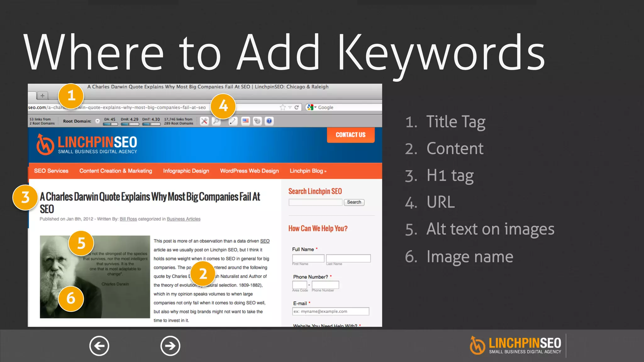 Where to Add Keywords
    1
                4
                    1.  Title Tag
                    2.  Content
                    3.  H1 tag
3                   4.  URL
                    5.  Alt text on images
        5
                    6.  Image name
            2
    6
 