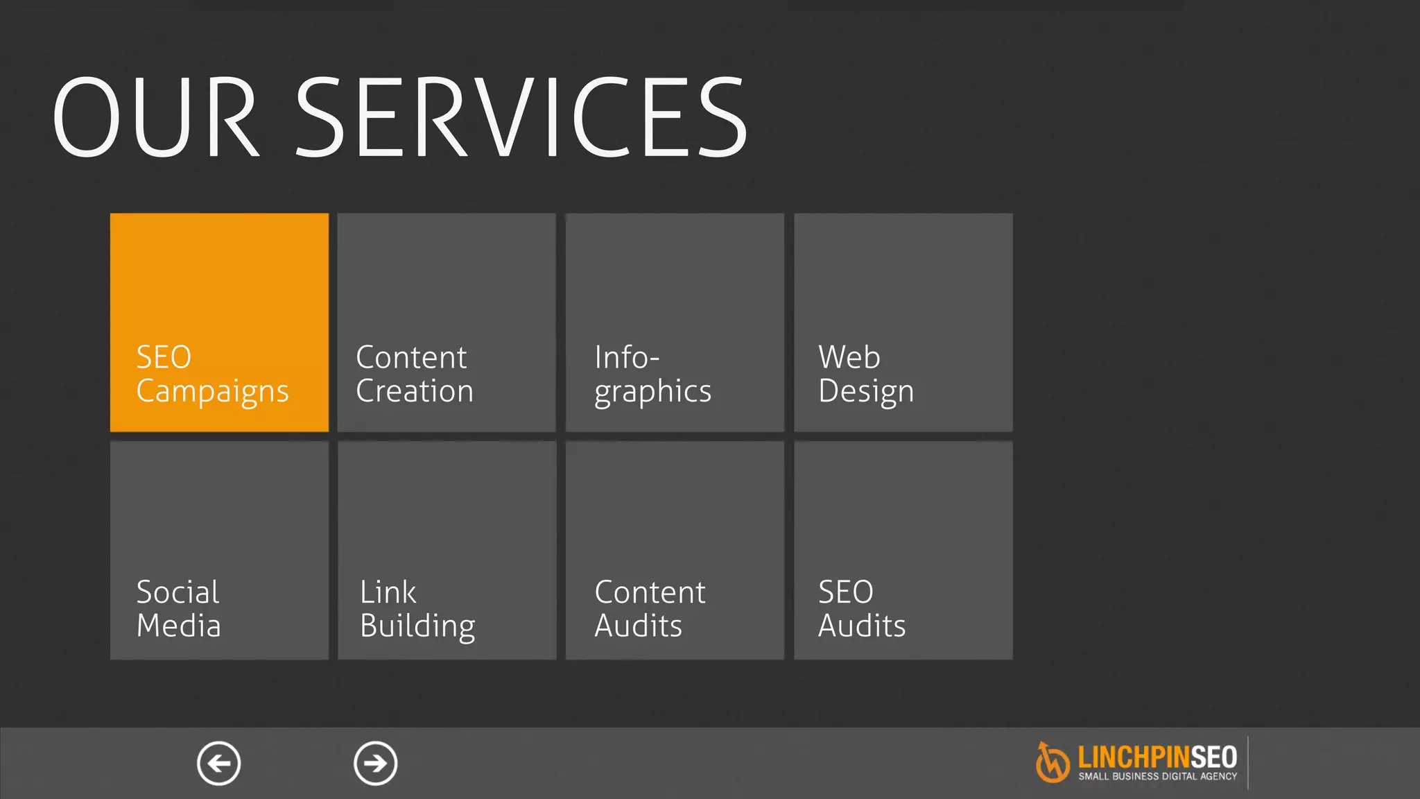 OUR SERVICES
 SEO         Content    Info-      Web
 Campaigns   Creation   graphics   Design




 Social      Link       Content    SEO
 Media       Building   Audits     Audits
 
