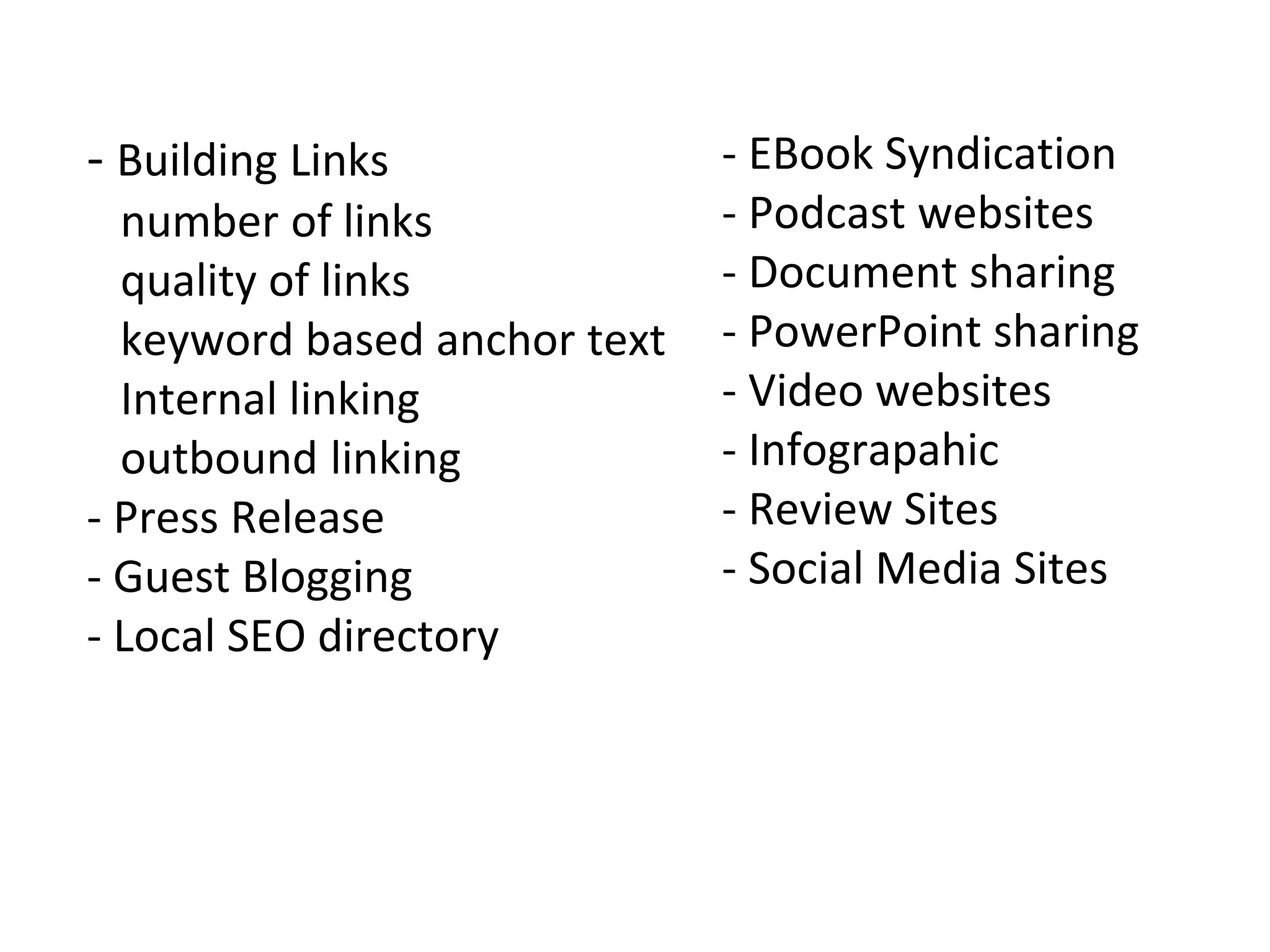 - Building Links
number of links
quality of links
keyword based anchor text
Internal linking
outbound linking
- Press Release
- Guest Blogging
- Local SEO directory
- EBook Syndication
- Podcast websites
- Document sharing
- PowerPoint sharing
- Video websites
- Infograpahic
- Review Sites
- Social Media Sites
 