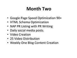 Month Two
• Google Page Speed Optimization 90+
• HTML Schema Optimization
• NAP PR Listing with PR Writing
• Daily social media posts.
• Video Creation
• 25 Video Distribution
• Weekly One Blog Content Creation
 