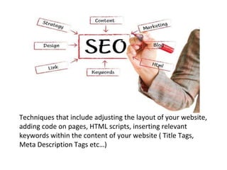 Techniques that include adjusting the layout of your website,
adding code on pages, HTML scripts, inserting relevant
keywords within the content of your website ( Title Tags,
Meta Description Tags etc…)
 