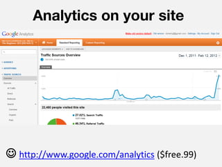 Analytics on your site




 http://www.google.com/analytics ($free.99)
 
