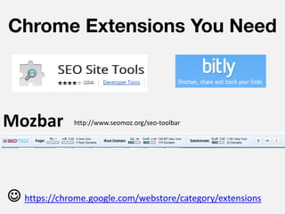 Chrome Extensions You Need



Mozbar        http://www.seomoz.org/seo-toolbar




 https://chrome.google.com/webstore/category/extensions
 