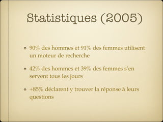 Statistiques (2005)

90% des hommes et 91% des femmes utilisent
un moteur de recherche

42% des hommes et 39% des femmes s’en
servent tous les jours

+85% déclarent y trouver la réponse à leurs
questions
 