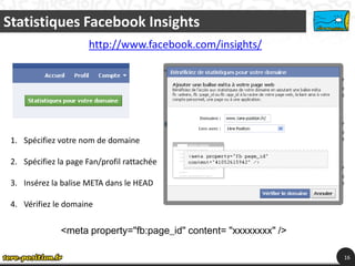 Statistiques Facebook Insights
                      http://www.facebook.com/insights/




 1. Spécifiez votre nom de domaine

 2. Spécifiez la page Fan/profil rattachée

 3. Insérez la balise META dans le HEAD

 4. Vérifiez le domaine


               <meta property="fb:page_id" content= "xxxxxxxx" />

                                                                    16
 