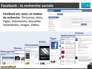 Facebook : la recherche sociale
 Facebook est, aussi, un moteur
 de recherche : Personnes, Amis,
 Pages, Evènements, Actualités
 instantanées, Images, Vidéos.




                                   5
 