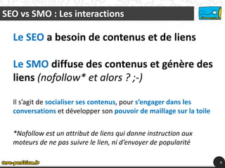 SEO vs SMO : Les interactions

  Le SEO a besoin de contenus et de liens

  Le SMO diffuse des contenus et génère des
  liens (nofollow* et alors ? ;-)

  Il s’agit de socialiser ses contenus, pour s’engager dans les
  conversations et développer son pouvoir de maillage sur la toile


  *Nofollow est un attribut de liens qui donne instruction aux
  moteurs de ne pas suivre le lien, ni d’envoyer de popularité

                                                                     9
 
