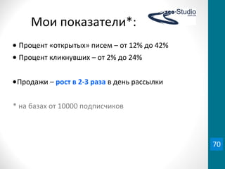 Мои	
  показатели*:
•	
  Процент	
  «открытых»	
  писем	
  –	
  от	
  12%	
  до	
  42%
•	
  Процент	
  кликнувших	
  –	
  от	
  2%	
  до	
  24%
•Продажи	
  –	
  рост	
  в	
  2-­‐3	
  раза	
  в	
  день	
  рассылки
*	
  на	
  базах	
  от	
  10000	
  подписчиков
70
 