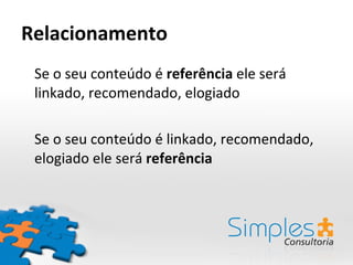 Relacionamento Se o seu conteúdo é  referência  ele será linkado, recomendado, elogiado Se o seu conteúdo é linkado, recomendado, elogiado ele será  referência 