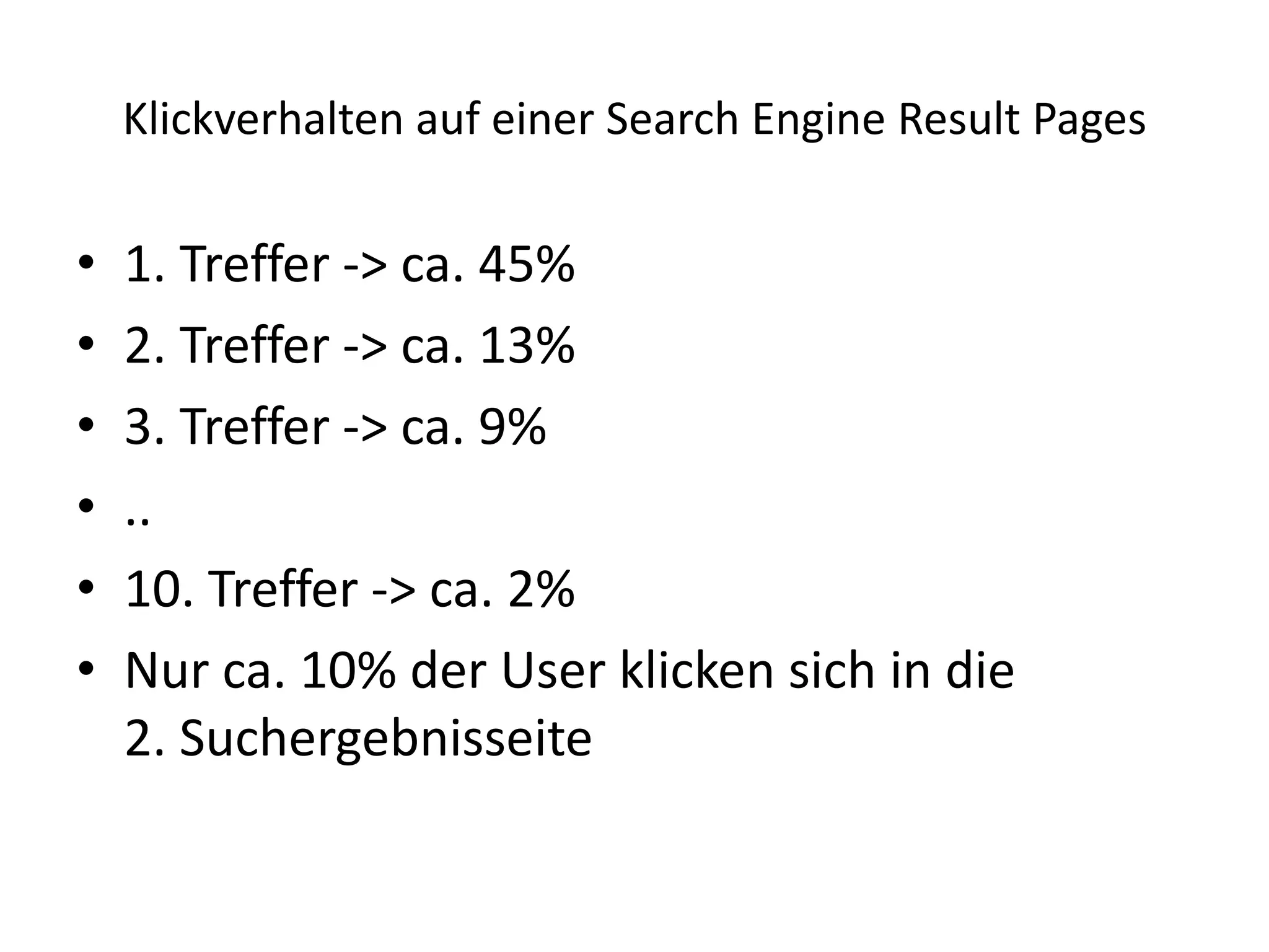 Klickverhalten auf einer Search Engine Result Pages1. Treffer -> ca. 45%2. Treffer -> ca. 13%3. Treffer -> ca. 9%..10. Treffer -> ca. 2%Nur ca. 10% der User klicken sich in die 2. Suchergebnisseite 