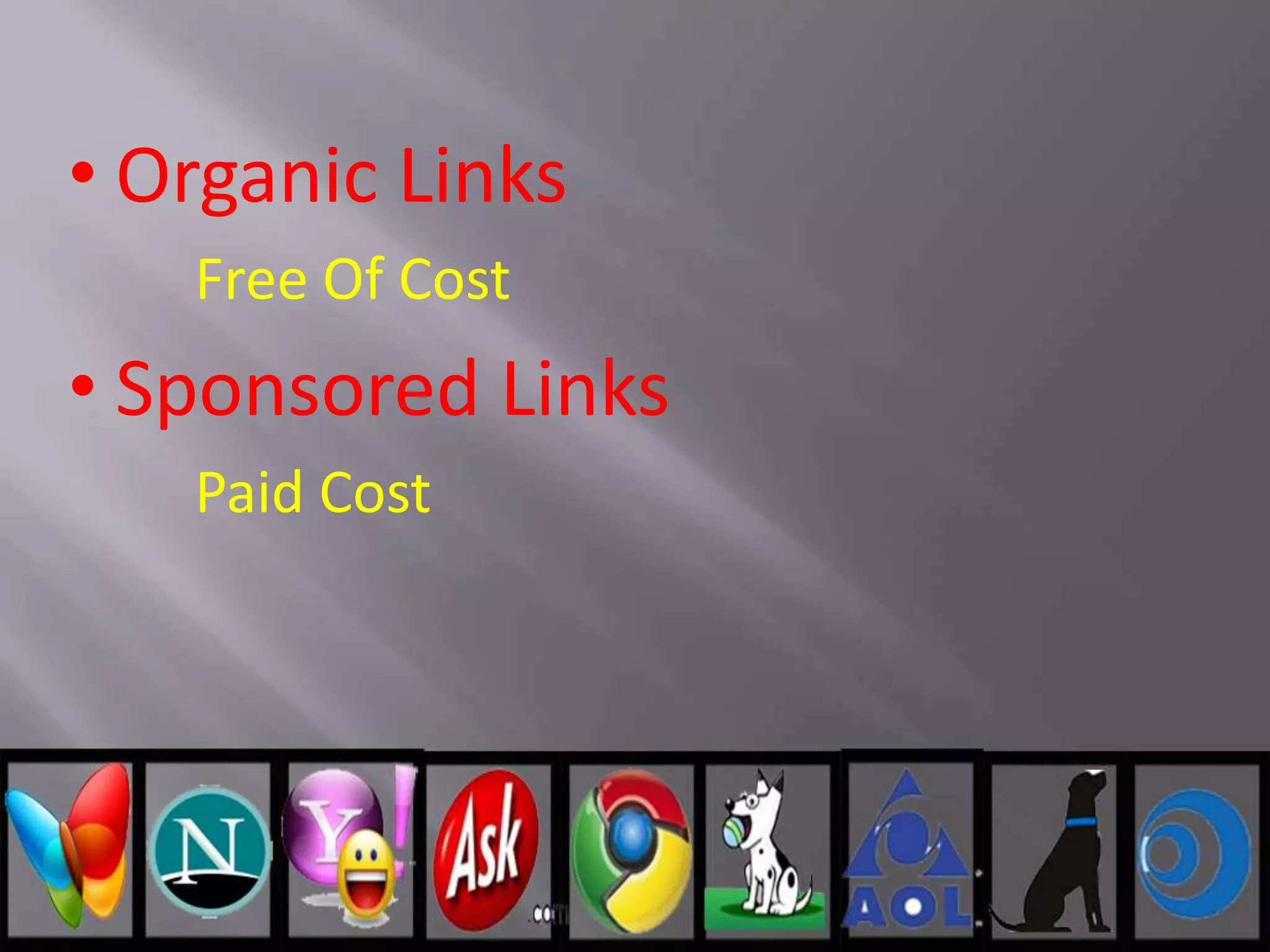 • Organic Links
Free Of Cost
• Sponsored Links
Paid Cost
 