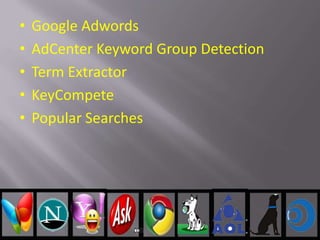 • Google Adwords
• AdCenter Keyword Group Detection
• Term Extractor
• KeyCompete
• Popular Searches
 