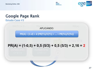 Marketing Online: SEO




Google Page Rank
Estudo Caso #3

          PR(T1) = 5           PR(T2) = 5                         PR(A)
                                 APLICANDO:

       1 LINK PARA O = (1-d) + d (PR(T1)/C(T1) + ... + PR(Tn)/C(Tn))
                PR(A)        1 LINK PARA O
          TEU SITE              TEU SITE
                                                 d=0,5        O TEU SITE
   PR(A) = (1-0,5) + LINKS PARA + 0,5 (5/3) = 2,16 = 2
    3 LINKS PARA    3 0,5 (5/3)
                                                    1
       OUTROS SITES           OUTROS SITES
         C(T1) = 3              C(T2) = 3           2




                                                                           27
 