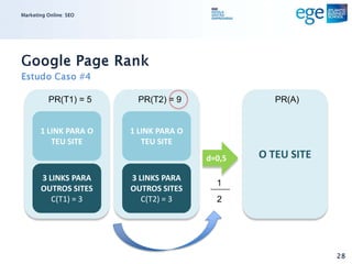 Marketing Online: SEO




Google Page Rank
Estudo Caso #4

          PR(T1) = 5     PR(T2) = 9                PR(A)


       1 LINK PARA O    1 LINK PARA O
          TEU SITE         TEU SITE
                                        d=0,5   O TEU SITE
       3 LINKS PARA     3 LINKS PARA
                                          1
       OUTROS SITES     OUTROS SITES
          C(T1) = 3        C(T2) = 3      2




                                                             28
 