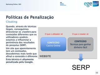Marketing Online: SEO




Políticas de Penalização
Cloaking
Quando, através de técnicas
ilegais, conseguimos
direccionar os crawlers para
conteúdos diferentes que os       O que o utilizador vê     O que o crawler vê
utilizadores acedem,
estamos a influenciar a
pertinência dos resultados
                                                              CONTEÚDO
                                    CONTEÚDO
de pesquisa (SERP).                                       Técnicas para ganhar
                                   Casino Online
Um site que aparentemente                                    dinheiro fácil
tem um conteúdos,
descobrimos mais tarde que
afinal o conteúdo é diferente. WEBSITE
Esta técnica é altamente
penalizada pela Google.


                                                           SERP
                                                                                 55
 
